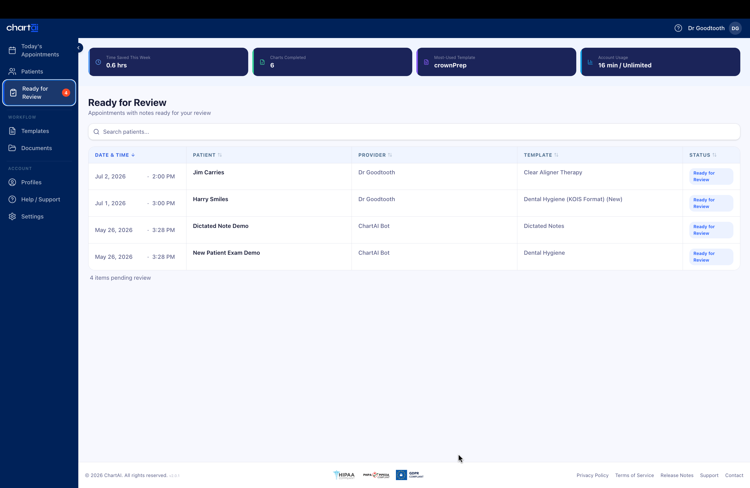 Ready for Review queue — appointments with notes awaiting review